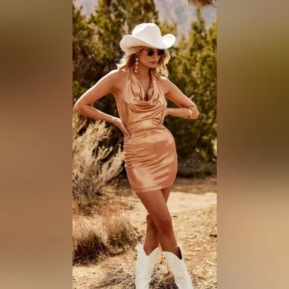 12th Tribe Halter Mini Dress Rose Gold Matalic Pink Cowl Neck Size Small - Picture 13 of 13